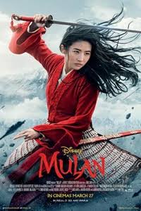 The image shows the promotion image of the movie Mulan. The image shows the girl Mulan holding her father's sword ready to fight.